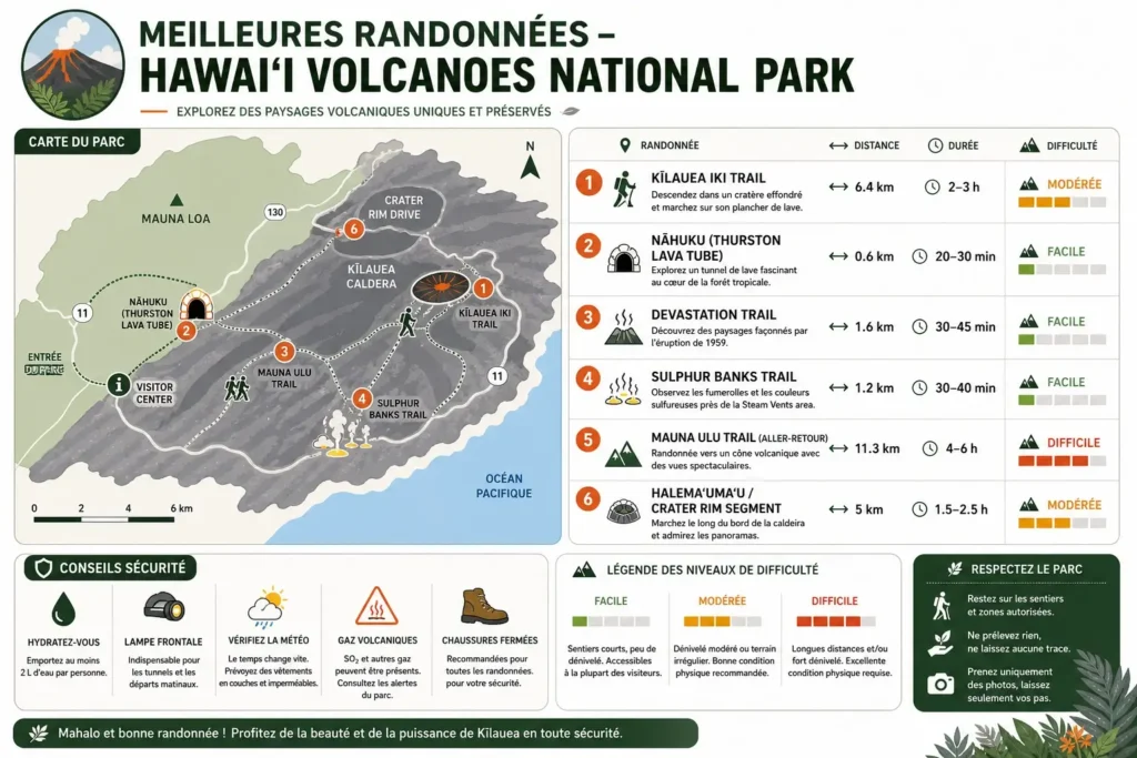 Infographie des meilleures randonnées du parc avec distances, durée et niveau de difficulté