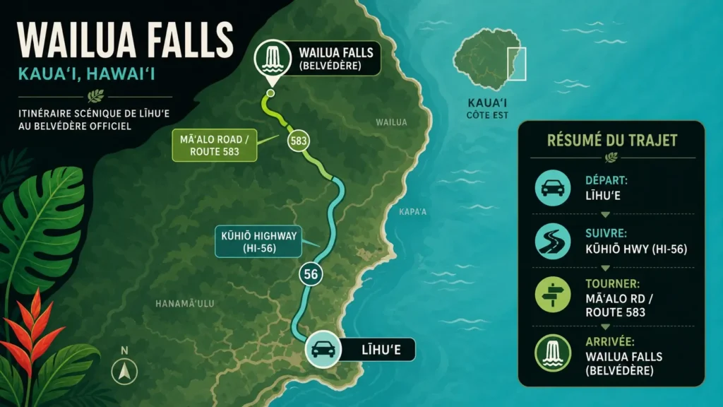 Route tropicale étroite et sinueuse de Kauai bordée d’une végétation luxuriante, menant vers Wailua Falls dans une ambiance d’exploration.
