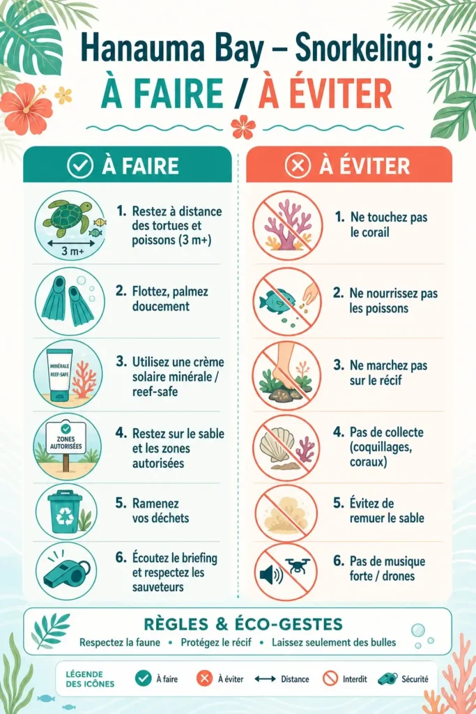 nfographie sur les règles à suivre pour faire du snorkeling à Hanauma Bay, incluant les choses à faire et à éviter pour protéger les tortues et les coraux.