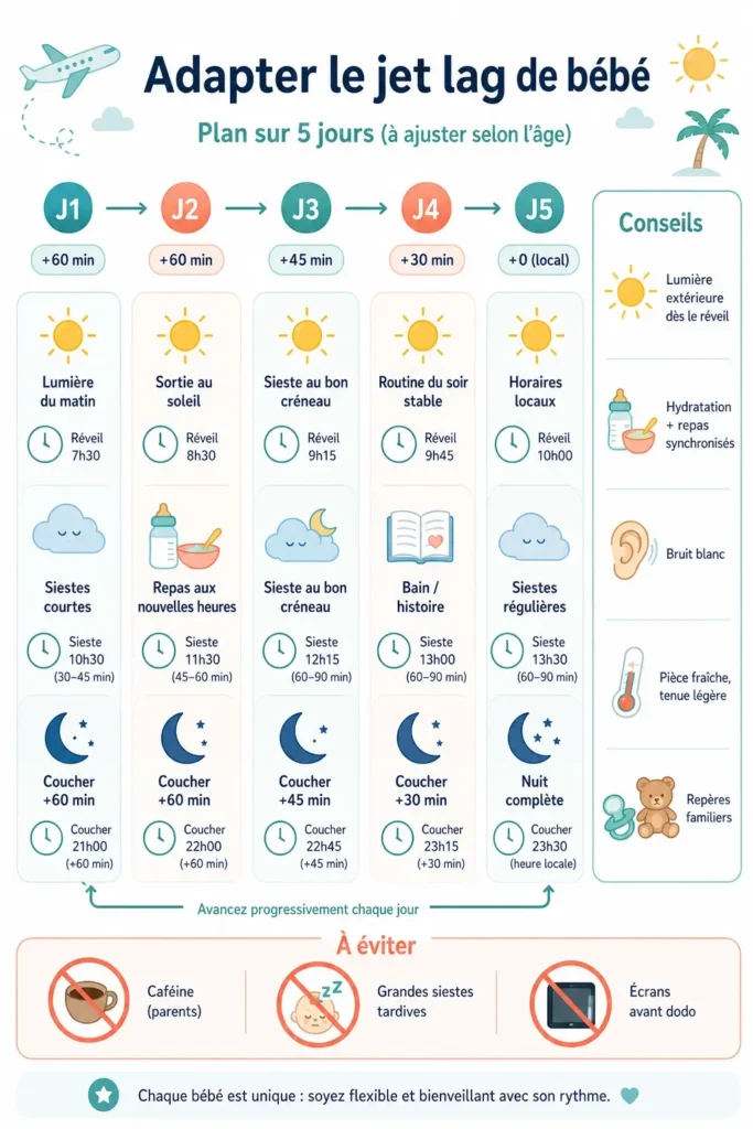 Infographie chronologique sur 5 jours montrant l’adaptation du sommeil d’un bébé au jet lag, avec icônes de soleil et lune, horaires de sieste et conseils visuels dans un style clair et apaisant.
