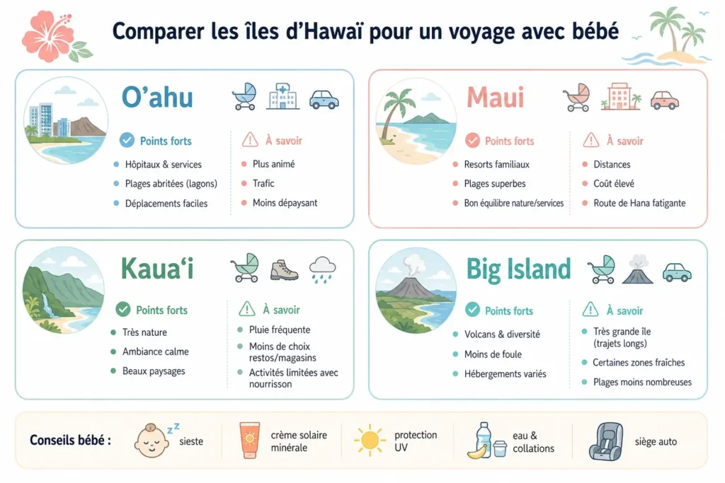 Infographie comparant Oahu, Maui, Kauai et Big Island pour un voyage avec bébé, avec avantages et inconvénients, accessibilité, infrastructures et ambiance, présentés avec un design minimaliste et des icônes.