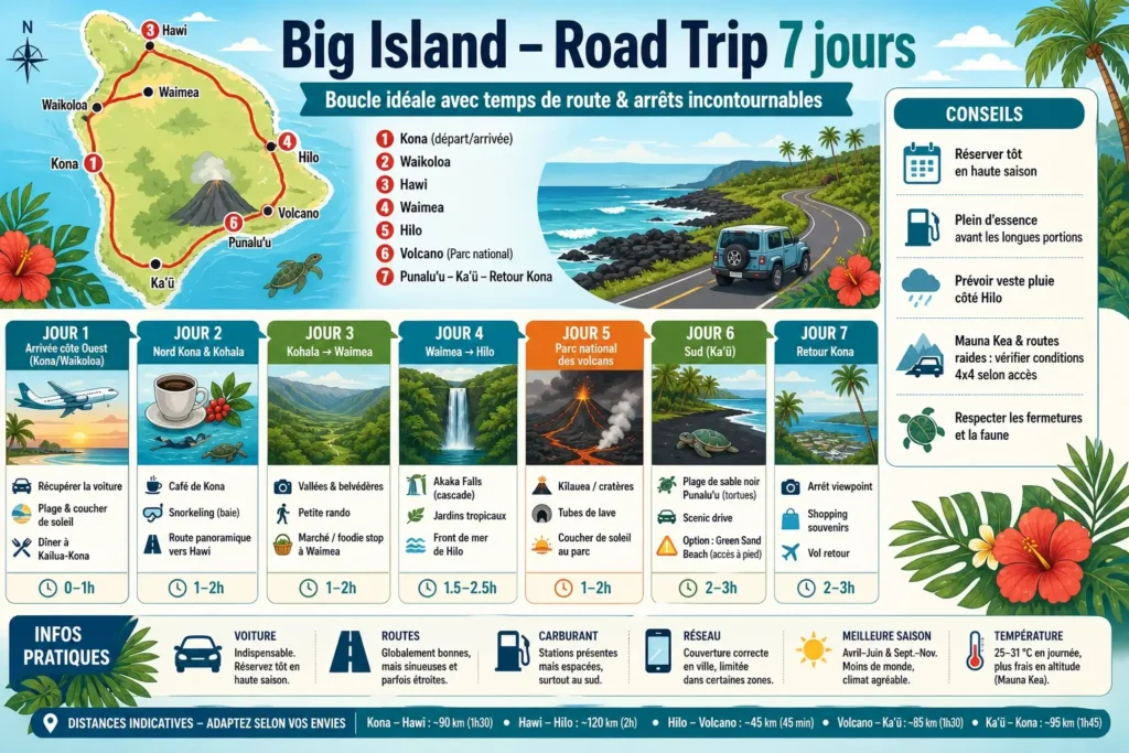 Infographie d’un itinéraire de 7 jours sur Big Island avec étapes, trajets, lieux incontournables et chronologie du road trip