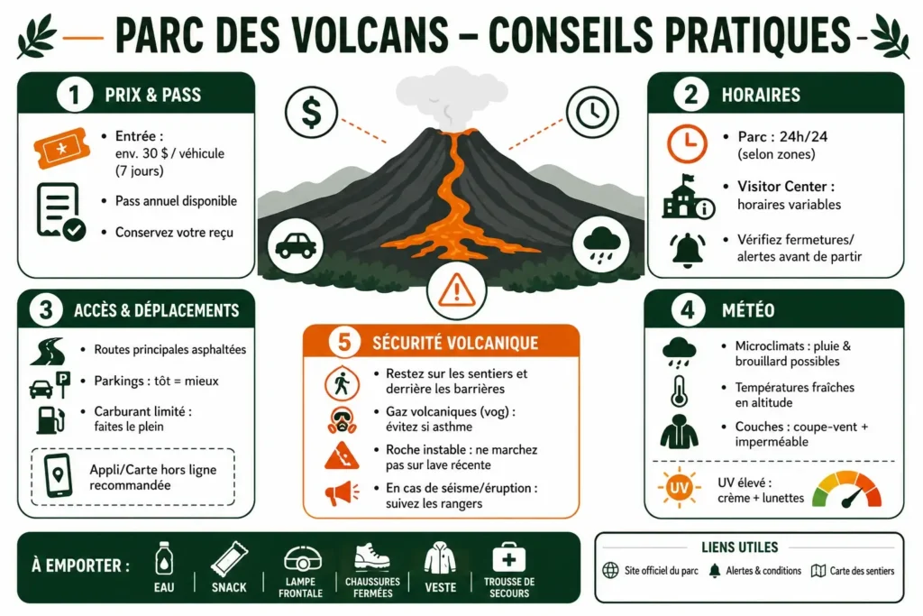 Infographie conseils pratiques (prix, horaires, accès, météo, sécurité volcanique)