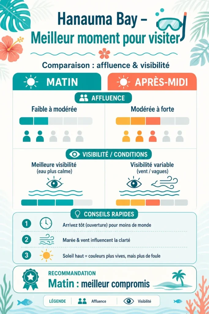 Graphique comparatif montrant la fréquentation et la visibilité de l’eau à Hanauma Bay entre le matin et l’après-midi, pour choisir le meilleur moment de visite.