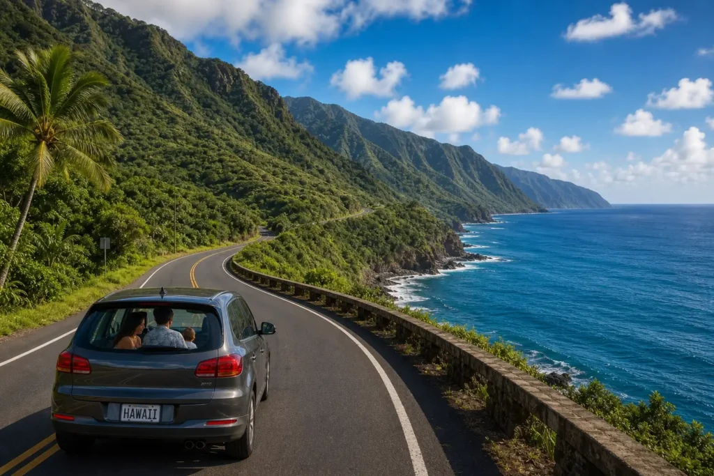 Voiture familiale longeant la côte d’Hawaii avec paysages tropicaux