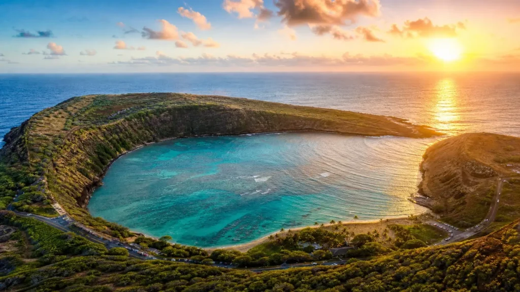 Vue aérienne de Hanauma Bay à Oahu avec eau turquoise et cratère volcanique