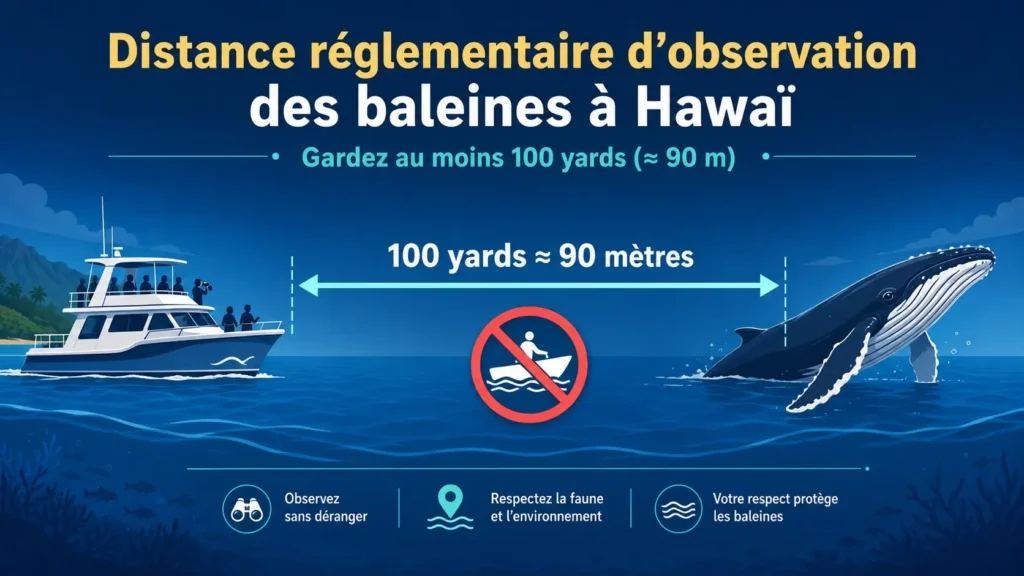 Infographie expliquant qu’il faut maintenir une distance minimale de 100 yards, soit environ 90 mètres, entre un bateau et une baleine à bosse.