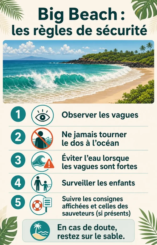 Infographie verticale en français présentant cinq règles de sécurité à Big Beach : observer les vagues, ne jamais tourner le dos à l’océan, éviter la baignade lorsque les vagues sont fortes, surveiller les enfants et respecter les consignes affichées ou celles des sauveteurs.