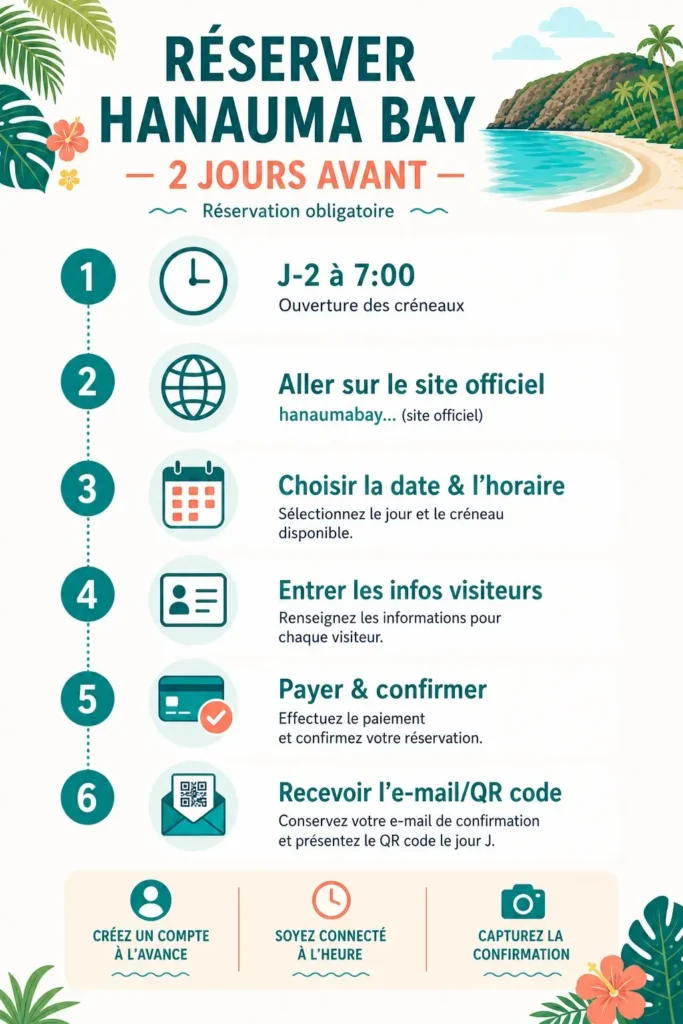 Infographie chronologique expliquant comment réserver une visite à Hanauma Bay deux jours à l’avance, avec étapes simples et visuelles.