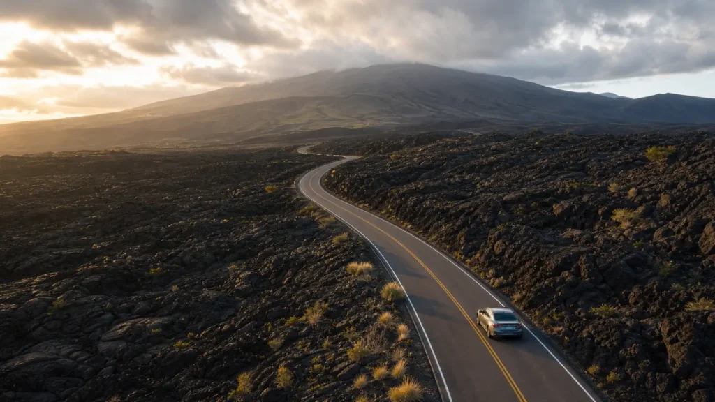 Voiture roulant sur Saddle Road entre les volcans d’Hawaii