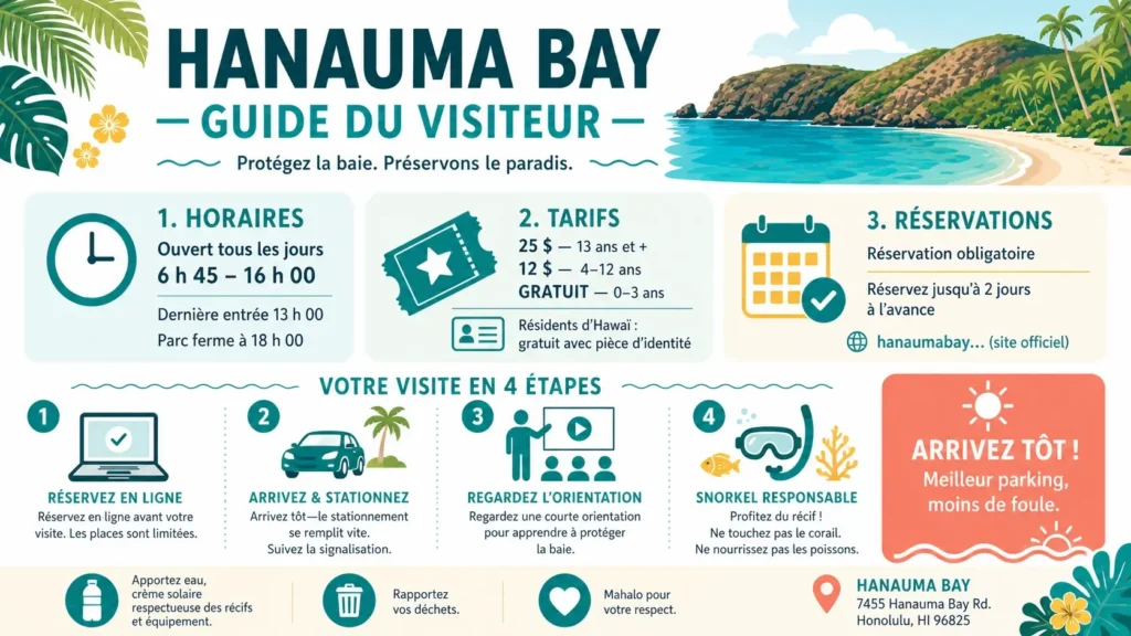 Infographie complète de Hanauma Bay présentant les horaires d’ouverture, les prix d’entrée, et les étapes pour réserver une visite, avec icônes et design tropical épuré.