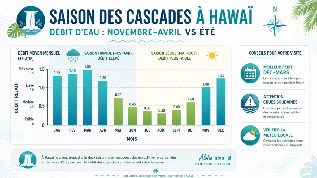 Infographie saison des cascades à Hawaii avec graphique débit eau (novembre à avril vs été)