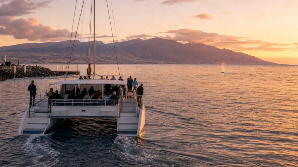 Catamaran quittant Māʻalaea au lever du jour pour une excursion d’observation des baleines.