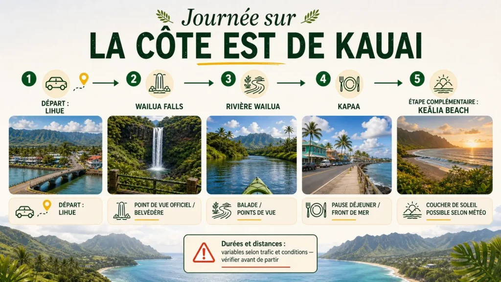 Infographie chronologique d’un itinéraire d’une journée reliant Wailua Falls, la rivière Wailua, Kapaa et une étape panoramique complémentaire.