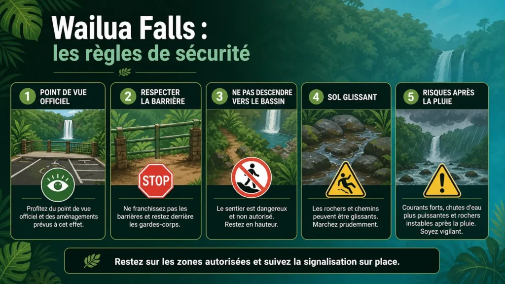 Infographie touristique présentant la localisation, l’accès, la durée de visite, le coût, la meilleure période et l’accessibilité de Wailua Falls.