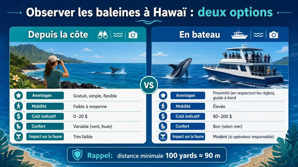 Infographie comparative présentant l’observation des baleines depuis la côte ou en bateau selon le coût, le confort, la mobilité et l’impact sur la faune.