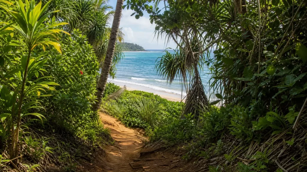 Petit chemin sablonneux menant de la route Kuhio Highway vers la plage de Tunnels Beach.