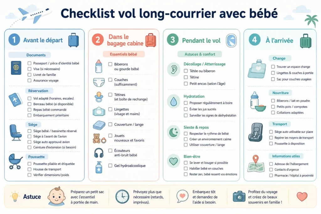 Infographie illustrée listant les indispensables pour voyager en avion avec un bébé : biberons, couches, vêtements de rechange, jouets, couverture et accessoires de confort, avec icônes d’avion et design doux.