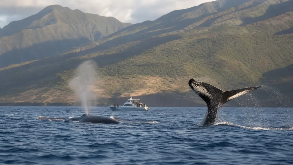 Baleine à bosse observée depuis un bateau au large de Maui.