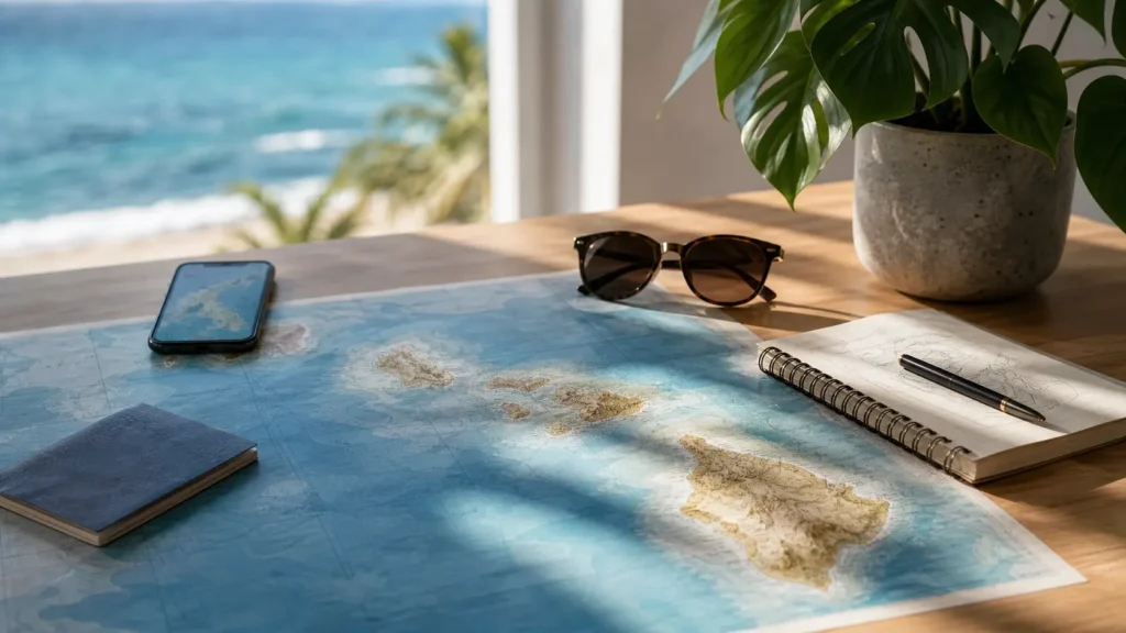 Carte d’Hawaï et accessoires posés sur une table pour préparer un voyage.