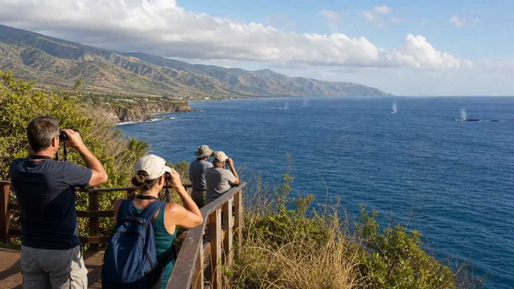 Visiteurs observant des baleines au loin depuis la côte de Maui.
