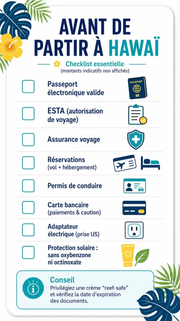 Infographie checklist des préparatifs avant un voyage à Hawaï : passeport électronique, ESTA, assurance voyage, réservations, permis de conduire, carte bancaire, adaptateur électrique et protection solaire adaptée.