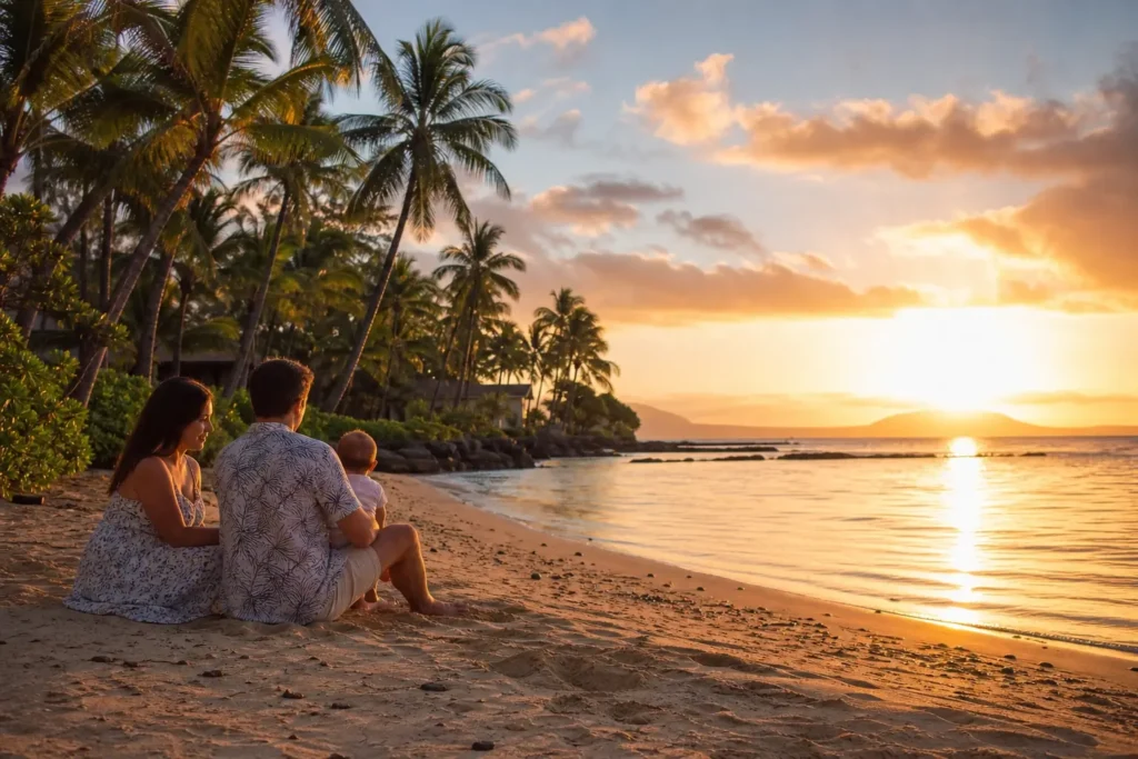 Alt : Bébé avec ses parents sur une plage calme à Hawaii au coucher du soleil