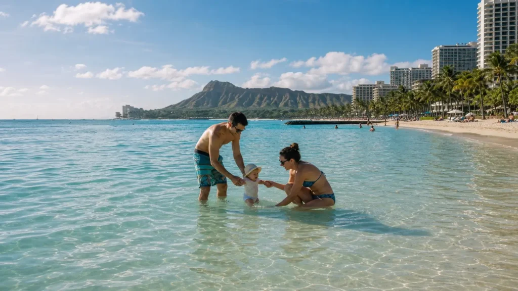 Famille avec bébé profitant de la plage calme de Waikiki