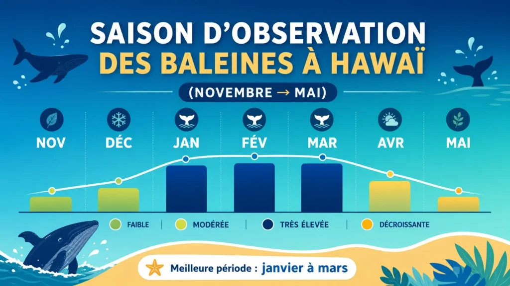 Infographie présentant la saison d’observation des baleines à Hawaï, de novembre à mai, avec une activité maximale de janvier à mars.