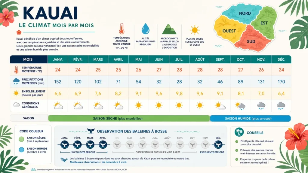 Infographie du climat à Kauai mois par mois avec températures, pluie et saisons idéales