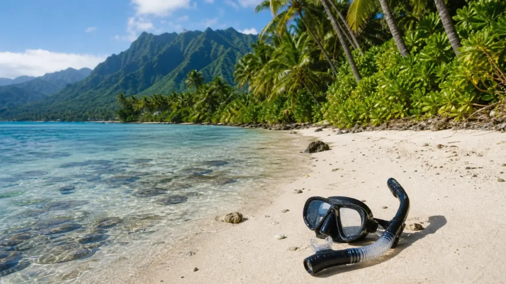 Plage hawaïenne aux eaux turquoise avec un masque et un tuba au premier plan.