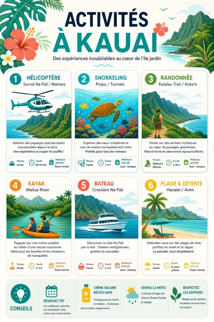 Infographie des activités incontournables à Kauai comme randonnée, snorkeling et hélicoptère
