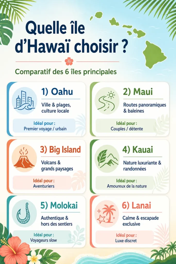 Infographie comparative des six principales îles touristiques d’Hawaï — Oahu, Maui, Big Island, Kauai, Molokai et Lanai — avec leurs particularités et les profils de voyageurs auxquels elles correspondent.