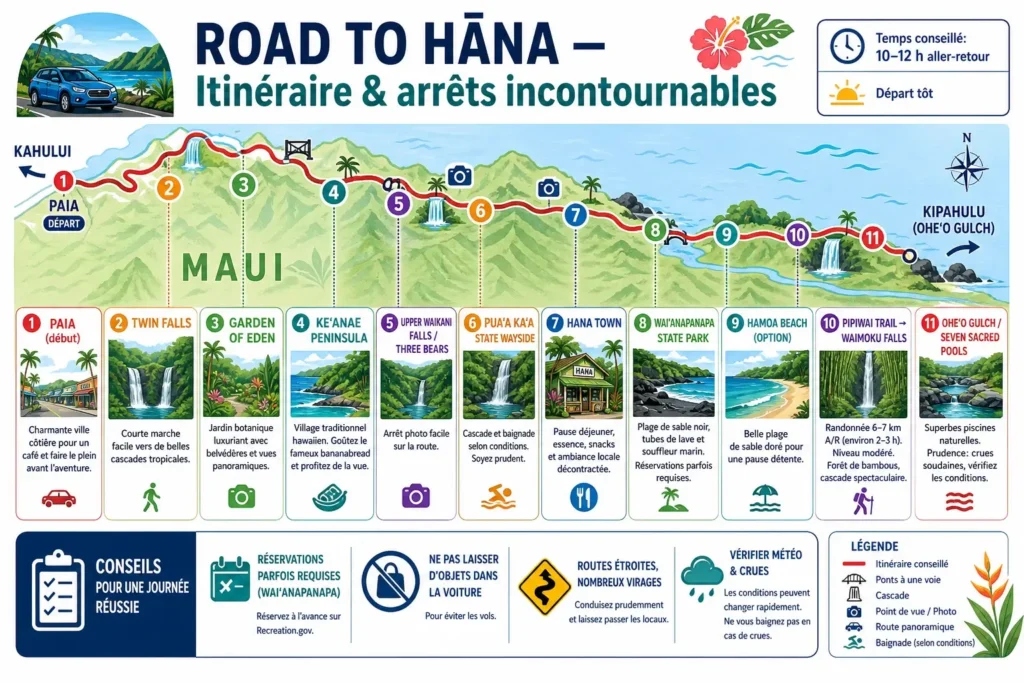 Infographie itinéraire Road to Hana avec principales cascades et arrêts