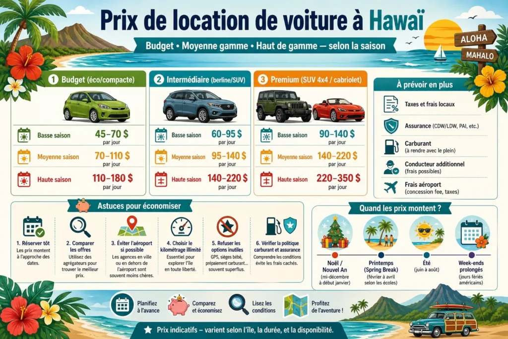 Infographie des prix de location de voiture à Hawaï selon saison basse, moyenne et haute avec conseils pour payer moins cher