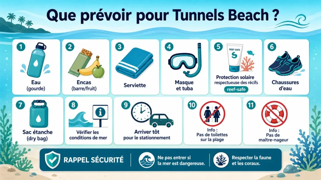 Infographie checklist présentant les indispensables pour une visite à Tunnels Beach : eau, encas, serviette, masque et tuba, protection solaire respectueuse des récifs, chaussures d’eau, sac étanche et vérification des conditions de mer.