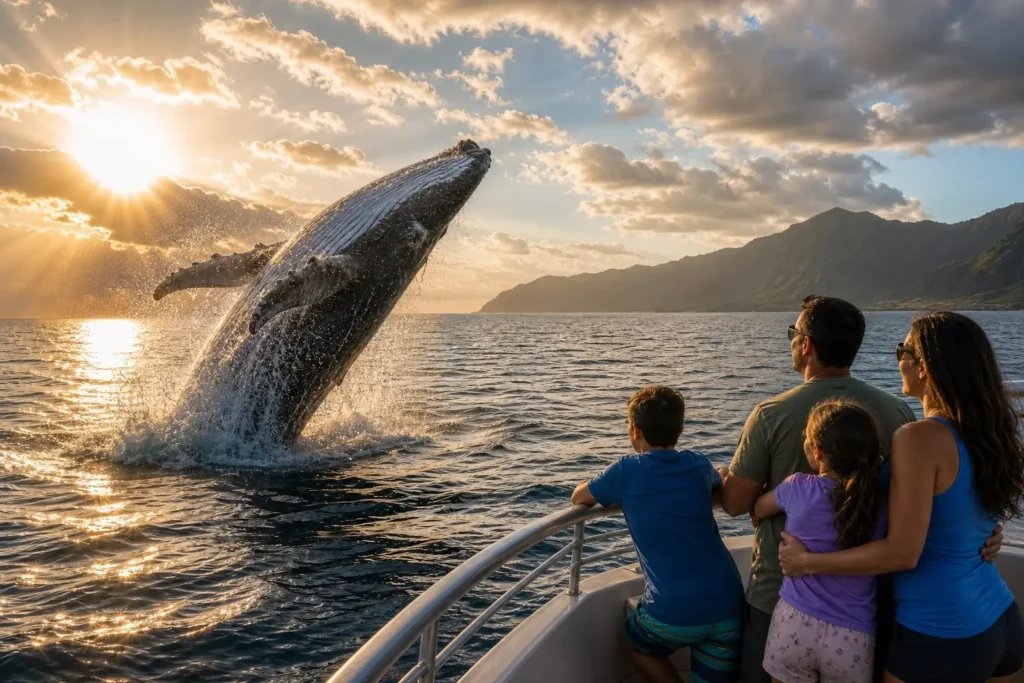 Baleine sautant au large avec une famille observant depuis un bateau