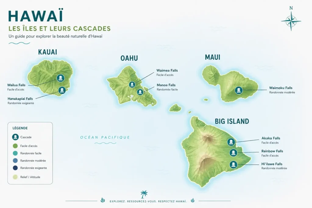 Infographie carte des îles d’Hawaii avec localisation des principales cascades (Big Island, Maui, Kauai, Oahu), style clair et moderne