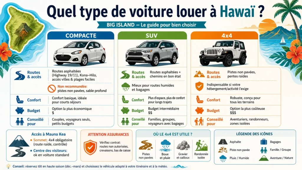 Infographie comparant les voitures de location à Hawaï (compacte, SUV, 4x4) selon les routes, l’accessibilité et les usages sur Big Island
