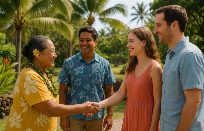 Une femme hawaïenne accueillant chaleureusement des visiteurs avec une poignée de main dans un jardin tropical à Hawaii, symbolisant l’esprit d’Aloha